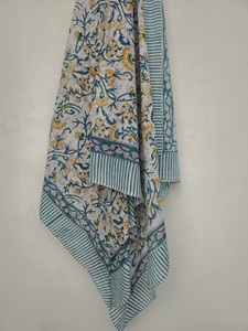 Indian Handmade Block Print Cotton Pareo Sarong Floral Scarf Stole Dupatta Soft Lightweight Beach Cover-Up Eco-Friendly Front - Product Image 6