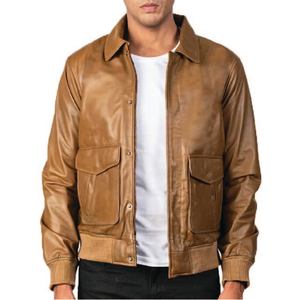 Chaqueta de aviador de cuero camel para hombre, abrigo de piel de oveja auténtica con cierre de cremallera y solapa con botones, camisa elegante - Product Image 1