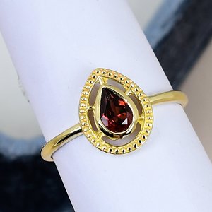 Natural <b>Garnet</b> <b>Ring</b> 4x6mm Pear Cut Gemstone Solid 925 Sterling Silver Yellow Gold Plated Bezel Set Openwork Women's Jewelry - Product Image 4