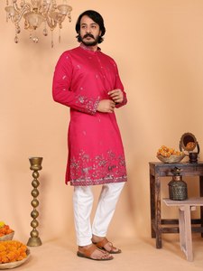 Ensemble Kurta Pyjama en Lin et Coton Durable avec Broderie et Sequins, Tenue Ethnique pour Hommes, Idéal pour Mariages, Festivals et Soirées - Product Image 4