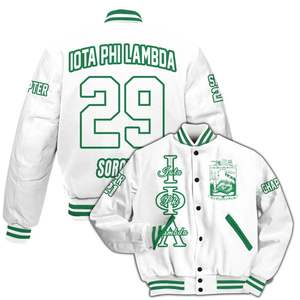 Veste universitaire personnalisée pour femmes Iota Phi Lambda, blanche unie, avec lettres vertes, écusson, numéro et année, style bomber - Product Image 4