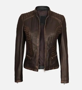 Women's Dark <b>Brown</b> PU <b>Leather</b> Moto <b>Jacket</b> Full Sleeve Stand Collar Quilted Zipper Closure Autumn Style - Product Image 1