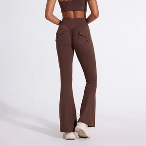 Wholesale Women High Waisted <b>Flare</b> Pants Custom Logo V Cross Waist Yoga <b>Leggings</b> Spandex Activewear Trousers - Product Image 5