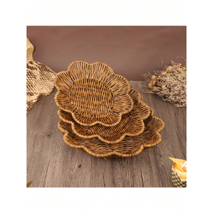 Round Eco-Friendly Natural Rattan Serving <b>Tray</b> With Wood Handles Handwoven Wicker Storage <b>Basket</b> Platter For Coffee Table Decor - Product Image 6