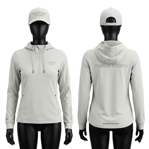 Sweat à capuche de sport pour femmes, 245 GSM, tissu extensible en polyester et élasthanne de qualité supérieure, bleu et blanc avec empiècements contrastés, logo personnalisé par sublimation - Product Image 3