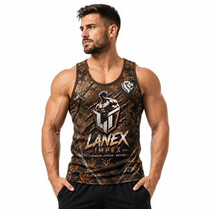 Custom Men's Brown Woodland Camo Gym Tank Top Sublimation Fitness Stringer Vest Bodybuilding Sleeveless Workout Sports Apparel - Product Image 2