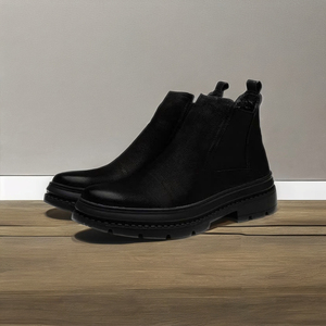 Botines tobilleros flexibles y cómodos con estilo de cuero negro premium más vendidos, calzado de moda popular - Product Image 1