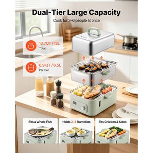 เครื่องนึ่งอาหารไฟฟ้า 13.7 ควอร์ต 2 ชั้น สแตนเลส 1500 วัตต์ สำหรับนึ่งผัก 3-6 ที่เสิร์ฟ - Product Image 3