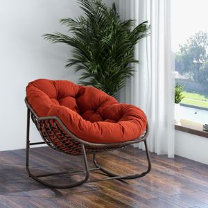 Sedia a dondolo in rattan arancione per esterni con cuscino imbottito per portico, soggiorno, patio e giardino - Product Image 2
