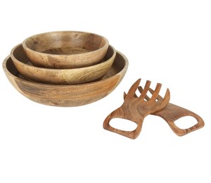 Bol à salade en bois d'acacia de haute qualité, ensemble de 2 fourchettes en forme de main, design moderne, bols de service, cuisine, salle à manger, fabrication artisanale au Vietnam - Product Image 2
