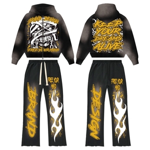 100% Cotton Customized Logo Winter Men's Plus Size Hip Hop Loose Fit Two Piece Embroidery <b>Tracksuits</b> Joggers Sports Zip Hoodie - Product Image 3