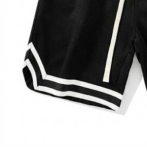 Shorts de sport décontractés pour hommes, noirs, couleur unie, avec cordon de serrage et bandes latérales blanches, respirants, taille mi-haute - Product Image 4