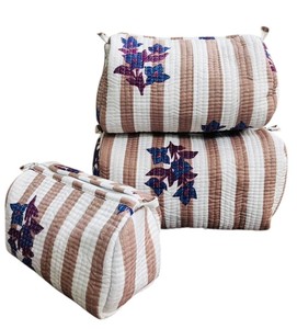 Traditional Striped Floral Hand Block Printed 100% Cotton Cosmetic Storage Utility Bag Set Zipper Closure Hip-Hop Style - Product Image 1