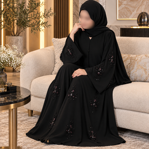 Abaya noire de qualité supérieure pour femmes avec broderie perlée |   Robe musulmane modeste à manches longues, tenue islamique ample et élégante, abaya - Product Image 3