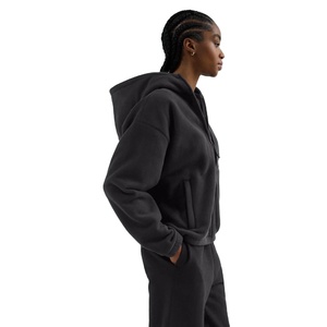 Sweat-shirt en molleton à capuche surdimensionné pour femme, fermeture éclair, noir uni, coupe ample classique - Product Image 4