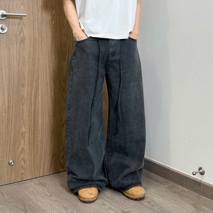 Vaqueros rectos holgados de hip hop para hombre, transpirables, con botones, logotipo personalizado, en blanco, lavados, desgastados, de algodón orgánico, estilo streetwear. - Product Image 1