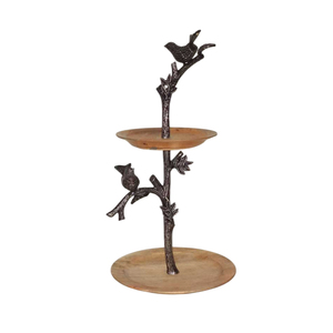 Handcrafted 2 Tier Wooden And Metal Cake Stand Featuring Bird On Branch Design Antique Finish Dessert Serving Tray For Birthday - Product Image 1