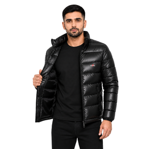 Blouson matelassé unisexe noir brillant, léger, imperméable, coupe-vent, réversible, écologique, col montant, pour l'hiver - Product Image 5