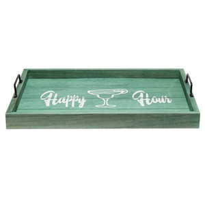 Bandeja Decorativa de Madera de Mango Premium con Acabado Verde, Bandeja de Madera Impresa con Asas de Metal, Diseño Happy Hour - Product Image 1