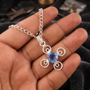Collier pendentif en argent sterling 925 plaqué, avec tanzanite bleue taille ronde, bijou romantique pour homme et femme - Product Image 2