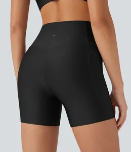 Shorts de yoga noirs taille mi-haute pour femme, sportifs, respirants, en tricot 100% coton, coupe classique, taille élastique, couleur unie - Product Image 3