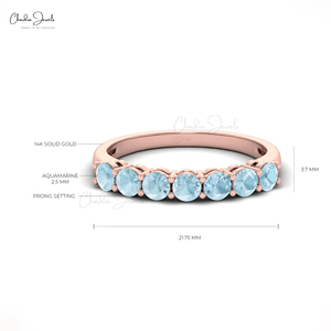 Productos de moda para vender: Anillo de media eternidad con aguamarina de corte redondo de 3 mm en oro rosa fino de 14k, joyería apilable para boda y compromiso. - Product Image 4