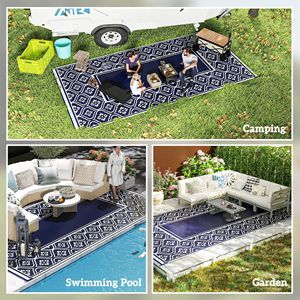 Tappeto da Esterno Intrecciato in PP PVC 18FT X 9FT con Bordo a Zucca Blu e Bianco e Borsa per il Trasporto - Product Image 5