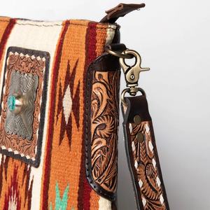 Autumn Bohemian Leather Tote <b>Bag</b> Concho Western Style Fully Hand Tooled <b>Saddle</b> Blanket Custom Pattern Crossbody Cowgirl Style - Product Image 1