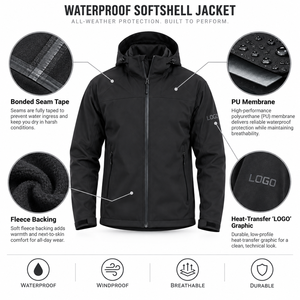 2026 Men's <b>Black</b> <b>Hooded</b> Windproof Softshell Jacket <b>With</b> Full Zipper Closure Casual Outdoor Wear Winter <b>Coat</b> Stand Collar Jacket - Product Image 5