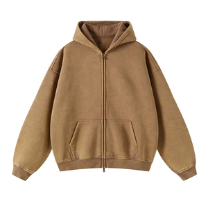 Sweat-shirt à capuche zippé oversize en coton molletonné uni avec poches, style décontracté pour homme, collection automne, manches classiques, tricoté - Product Image 5
