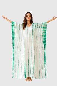 Robe longue maxi vert tie-dye à col en V et manches longues pour femme, coupe ample, tissée, respirante, idéale comme paréo de plage - Product Image 5