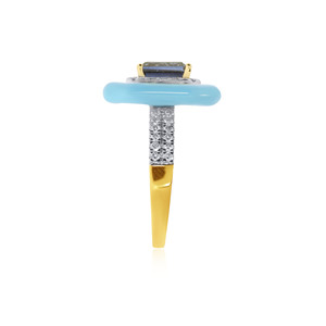 Premium 18K Yellow Gold Emerald Cut Blue Sapphire Diamond Halo <b>Ring</b> with <b>Turquoise</b> Enamel Statement Design for Women - Product Image 4
