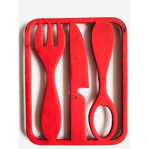 Red Metal Rectangle <b>Trivet</b> With Fork Knife Spoon Cutouts Modern Design Non Slip Kitchen Mat - Product Image 1