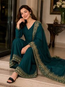 Ensemble Kurta Palazzo en soie douce pour femme, design festif, avec dupatta fantaisie, tenue de cérémonie haut de gamme pour mariage et soirée - Product Image 5