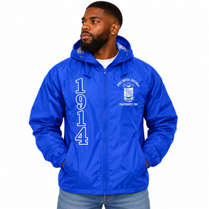 Chaqueta Cortavientos con Capucha Phi Beta Sigma, Azul Rey, Ligera, con Cierre Completo, Chaqueta con Capucha y Letras Griegas de la Fraternidad, Informal, Deportiva, para Hombre - Product Image 1