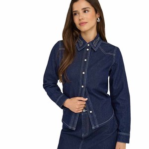 Camisa de Mezclilla de Manga Corta con Botones para Mujer, Estilo Twin City, Blusa Azul, Ropa Urbana Ecológica, Diseño Vintage Personalizado, OEM/ODM - Product Image 1