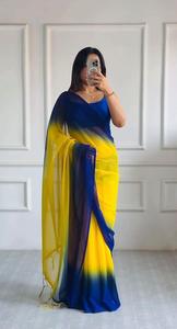 Sari de poliéster elegante con degradado azul y amarillo de AARA Fashion para mujer, ideal para Diwali, bodas, protección solar, largo hasta el suelo, corte regular, India. - Product Image 3