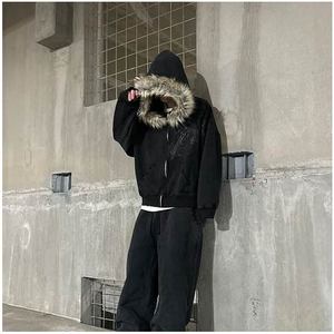 Sudadera con capucha y cremallera personalizada con gráfico Y2K, forro polar grueso de 400 g, estilo oversize de invierno con capucha de piel sintética, chaqueta streetwear para hombre - Product Image 5