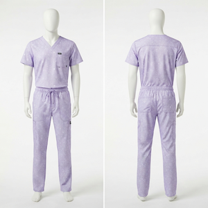 Ensemble de blouses médicales imprimées pour hommes, 65 % polyester, 35 % coton sergé, 170 GSM, lavande, avec empiècement dorsal et broderie personnalisée du logo - Product Image 1