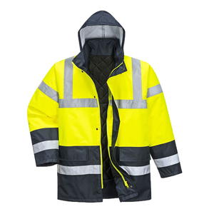Men's Hooded Reflective Workwear Jacket <b>Waterproof</b> Quilted Long <b>Winter</b> <b>Coat</b> with Pockets and Zipper and button Closure - Product Image 1
