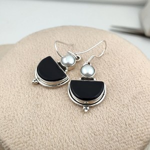 Black Onyx And Pearl <b>Dangle</b> <b>Earrings</b> Sterling <b>Silver</b> Boho Handmade Black And White Gemstone Elegant Jewelry Gift - Product Image 4