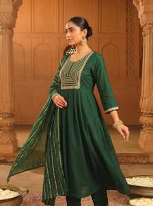 Conjunto de Kurti, pantalón y dupatta de seda viscosa pesada con bordados, para oficina y fiestas, para mujer. - Product Image 3