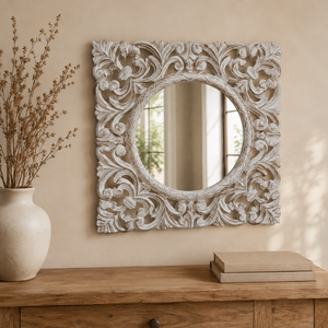Panneau mural carré sculpté en bois de manguier blanchi fait main, cadre décoratif floral orné 24 x 24 cm pour décoration murale élégante à la maison - Product Image 3