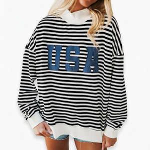 Sudadera de cuello alto unisex personalizada de alta calidad, ropa urbana para mujer, con rayas modernas, letras en bloques, estampado gráfico de EE. UU., sudaderas con capucha estilo universitario. - Product Image 2