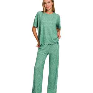 Conjunto de Pantalones Largos y Camiseta de Manga Corta para Mujer Veloro Zenana DK GREEN Soft Melange Talla S - Product Image 1