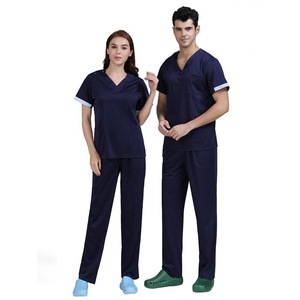 Unisex Navy <b>Blue</b> V-Neck <b>Scrub</b> Tops Short Sleeve Long Sleeve Hospital Uniforms Cotton Polyester Woven <b>Scrubs</b> for Doctors Nurses - Product Image 3