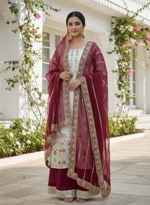 Ensemble Salwar Suit Traditionnel Indien et Pakistanais pour Femme, en Soie Brodé et Gaufré, Longueur Ras du Sol, Idéal pour Mariages et Fêtes, Coupe Classique - Product Image 2