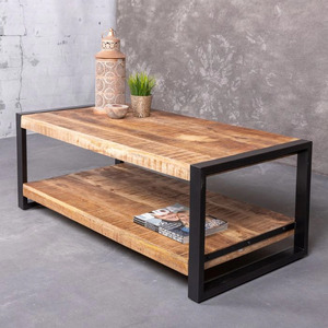 <b>Modern</b> Industrial Metal & Wooden Solid Mango Wood With Self <b>Black</b> & Natural Finish Folding Living Room Furniture <b>Coffee</b> <b>Table</b> - Product Image 1