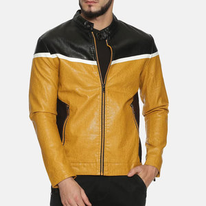 เสื้อแจ็คเก็ตหนังผู้ชายสีดำและเหลืองแบบ Color Blocking ทรง Moto ซิปหน้า ทรงปกติ ใส่ได้ในฤดูใบไม้ร่วง - Product Image 5