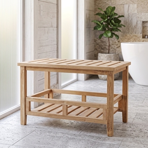 Tabouret en teck léger fait main Ananta 68x42x45 cm, design à lattes, rustique et moderne, portable, pour salle de bain et salon - Product Image 5